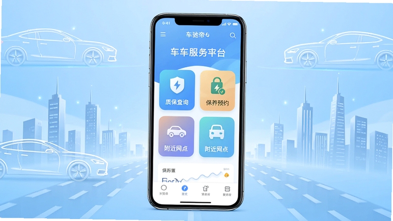 车驰帝APP主界面全景展示,画面中央为手机屏幕内呈现汽车服务平台首页,包含质保查询、保养预约、附近网点等入口图标,背景为浅蓝色渐变科技感风格,四周点缀汽车轮廓线条与城市道路元素,整体色调清爽明亮,适配Boogu模型生成