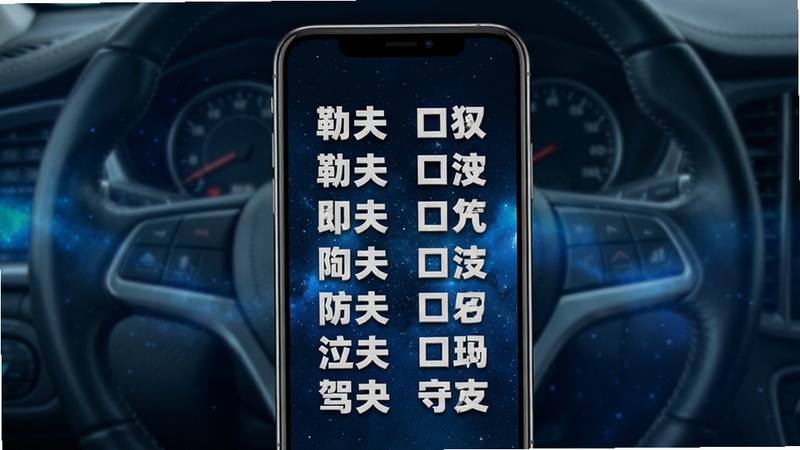 勒夫防御性驾驶口诀展示页面,画面中手机屏幕显示十六字口诀文字排版,字体醒目,背景为深蓝色星空渐变,画面主体位于中心,背景区域为虚化的方向盘轮廓,风格简约大气,高清细节