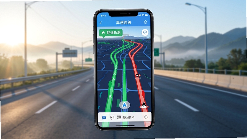 ����������һ�������ֻ�����Ļ����ʾ�Ÿ���·��app��ʵʱ��ͼ���棬��ͼ�ϱ�ע����ɫ��ͨ·�����ɫӵ��·�Σ��������峿�ĸ��ٹ�·��Զɽ������ɫ������������ͻ�����е����ĿƼ�����ʵ����