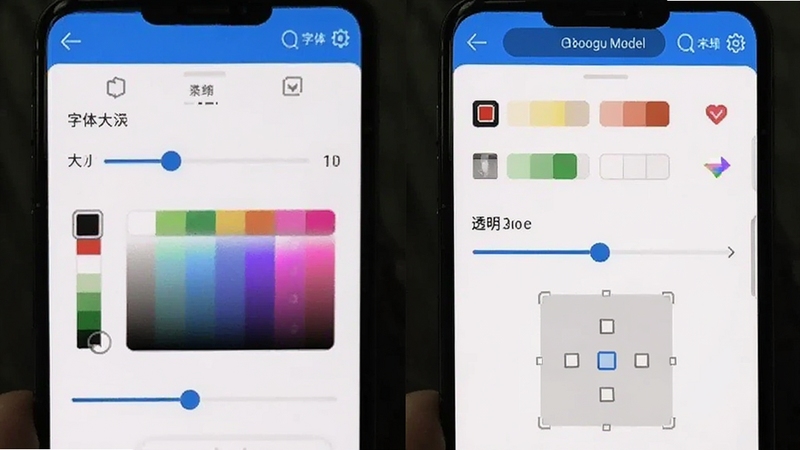 水印相机拍图水印自定义调节界面截图,画面展示手机屏幕上水印编辑面板,包含字体大小滑块、颜色选择器、透明度调节条和位置拖拽区域,背景为简洁白色界面,突出功能操作细节,适配Boogu模型生成