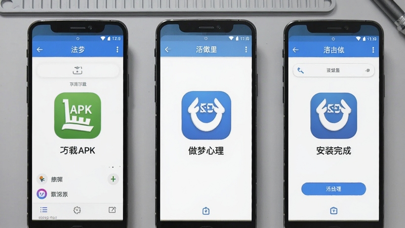 做梦心理安卓手机安装步骤示意图,画面展示从下载APK到安装完成的三个手机界面流程,做梦心理图标醒目,背景为浅灰色工作台面,风格简洁实用,适配Boogu模型生成