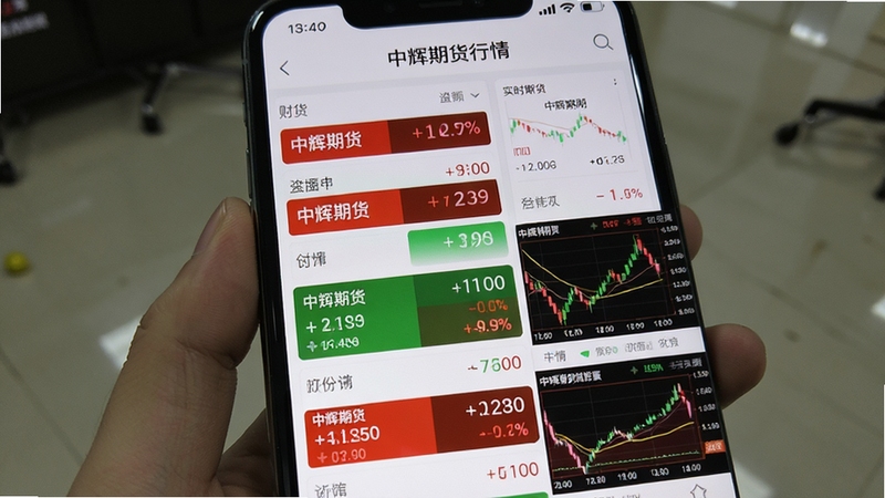 中辉期货手机版实时行情页面,手机屏幕显示多个期货合约的涨跌数据与分时图,界面以红绿涨跌色块区分,背景为简洁的白色与浅灰金融风格,画面中央突出中辉期货行情列表