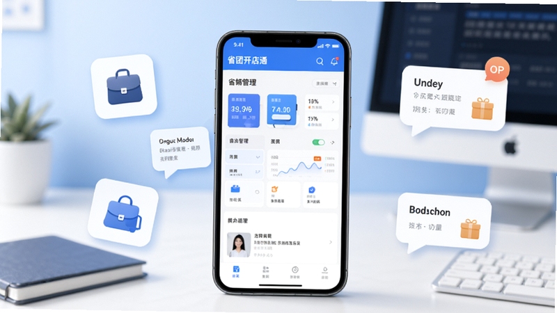 省团开店通软件主界面全貌展示,画面中央为手机屏幕显示店铺管理后台,背景为简洁的蓝白色调办公桌面,周围点缀商品图标与订单气泡,整体风格清爽专业,适配Boogu模型生成