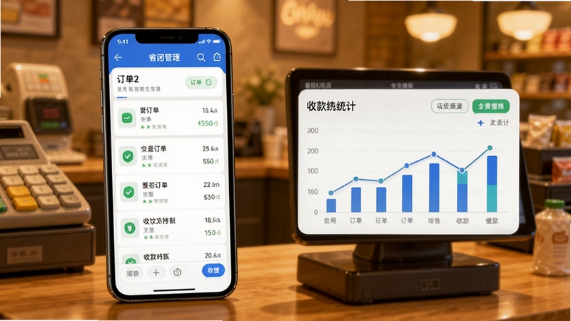 省团开店通订单管理与收款对账功能展示,画面主体为手机屏幕显示订单列表与收款统计图表,背景为暖色调的收银台场景虚化,突出交易安全与便捷,适配Boogu模型生成