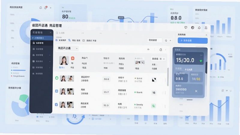 省团开店通商品管理界面截图风格示意图,画面中央为商品列表与库存数字面板,背景为淡蓝色数据图表元素,体现高效管理与数据同步概念,适配Boogu模型生成