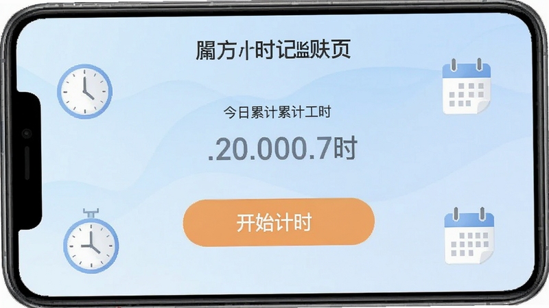 生成一张手机应用界面截图,画面主体为小时工(记工记账)App的计时首页,中央显示醒目的开始计时按钮和今日累计工时数字,背景区域为柔和的浅蓝色渐变,周围点缀简约的时钟与日历图标,整体风格干净清爽,适配移动端展示效果