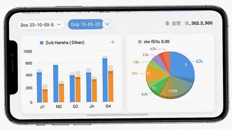 生成一张小时工(记工记账)App的收入统计报表页面截图,画面主体为手机屏幕内显示的柱状图与饼状图,图表颜色鲜明,背景区域为白色卡片式布局,周围有日期筛选按钮和金额汇总文字,整体呈现专业的数据统计风格