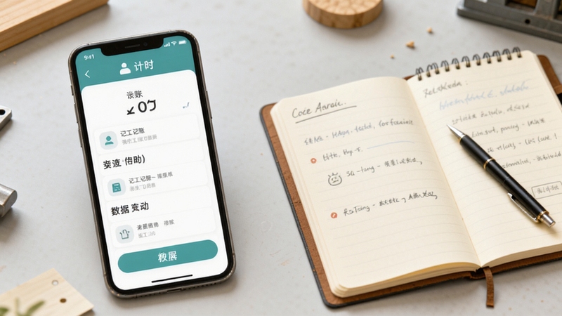 生成一张小时工(记工记账)App使用教程示意图,画面主体为手机屏幕显示计时操作步骤分解,背景区域为浅灰色工作台面,旁边放置一本打开的记事本和一支笔,整体风格温馨实用,突出教学引导感