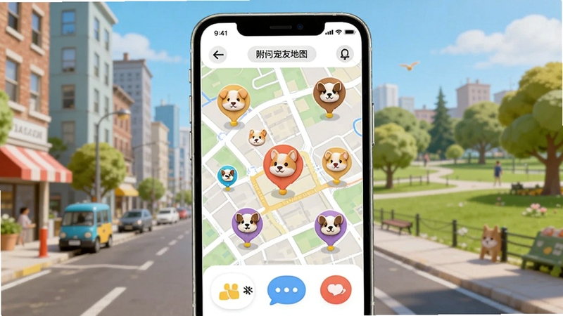 宠问附近宠友地图界面,画面主体为手机屏幕显示城市地图上分布着多个宠物头像标记,背景区域为城市街景与公园,画面色彩明快,突出社交互动氛围,适合Boogu模型生成