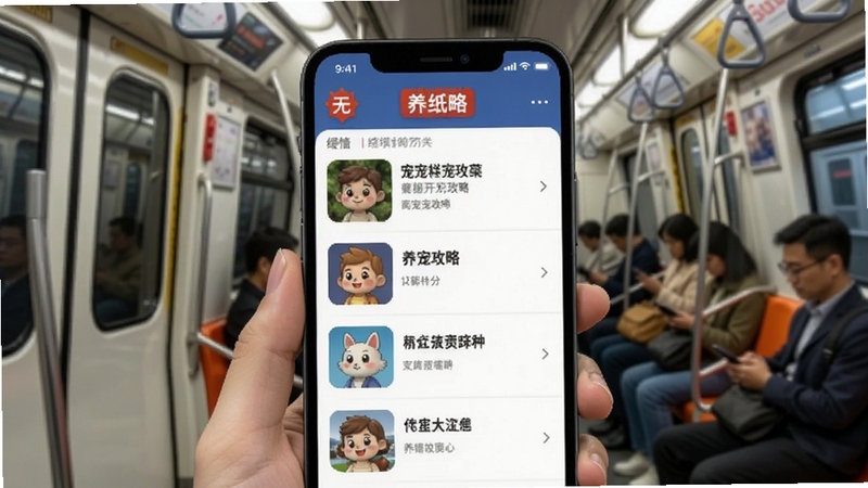 宠问离线浏览模式界面展示,画面主体为手机屏幕显示已缓存的养宠攻略列表,顶部有离线标识,背景区域为地铁车厢内景,突出无网络环境下的使用场景,风格写实,适合Boogu模型生成