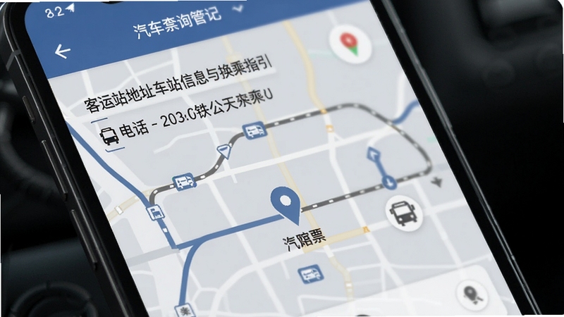 汽车票查询管家车站信息与换乘指引页面,手机屏幕显示客运站地址、电话与公交地铁换乘线路,地图定位图标清晰,背景为浅灰色,风格商务简洁