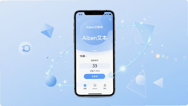 Aiben艾本软件启动界面预览图,画面中央展示手机屏幕中Aiben艾本的简洁主页,背景为柔和的浅蓝色渐变,周围点缀几何图形与光效,整体风格清爽现代,突出轻量与快速启动的产品特点