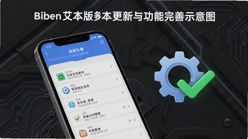 Aiben艾本版本更新与功能完善示意图,画面展示手机屏幕中软件更新日志页面,旁边配有齿轮与对勾图标,背景为深灰色科技感纹理,体现持续优化与功能迭代的产品态度
