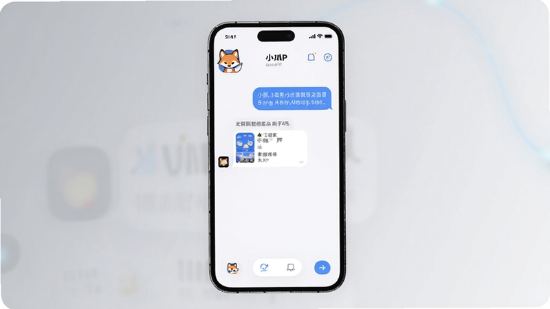 一款名为小狐的智能AI助手应用界面展示,画面中央是手机屏幕,屏幕内显示小狐APP的对话交互界面,界面简洁现代,以白色和蓝色为主色调,左上角有小狐的卡通狐狸Logo,背景区域为柔和的浅灰色渐变,整体风格清新科技感,适配Boogu模型生成