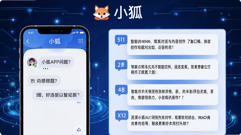 小狐APP智能对话与内容创作功能展示图,画面左侧为手机界面显示用户输入问题,右侧为小狐AI快速生成的多段文本回复,界面以蓝色和白色为主,背景有抽象的科技线条和光点装饰,突出智能与高效的主题,软件名称小狐出现在画面顶部