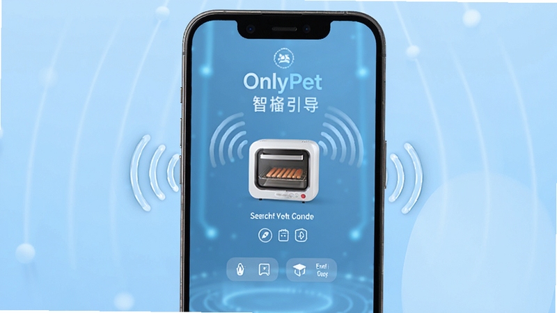 OnlyPet设备连接引导界面,手机屏幕显示搜索到智能烘箱设备,周围环绕无线信号波纹图标,背景为浅蓝色科技感渐变,画面简洁清晰,突出快速配对与智能识别功能
