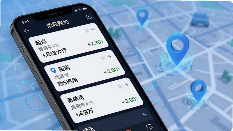 顺风网约车主智能接单大厅界面特写,手机屏幕显示多个顺风车订单卡片,包含起点终点距离与金额,背景为虚拟地图与定位图标,科技感蓝色调,细节清晰,适合软件功能介绍配图