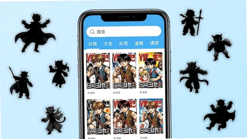 免费漫画大全应用主界面展示,画面中央是手机屏幕,屏幕上显示漫画封面网格排列,顶部有搜索栏和分类标签,背景为淡蓝色渐变,周围漂浮着各类漫画角色剪影,整体风格清新明快,适配Boogu模型生成