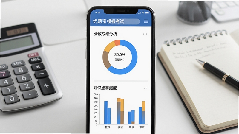 优题宝模拟考试成绩分析页面,手机屏幕展示分数环形图与知识点掌握度条形图,背景为简约办公桌面,有计算器和笔记,整体风格专业理性,突出优题宝的数据分析能力