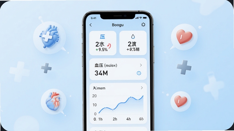 三高管家应用主界面展示,画面中央一部智能手机屏幕显示血压血糖血脂三项指标卡片和趋势曲线图,背景为柔和浅蓝渐变,周围点缀医疗十字与心形健康符号,整体风格清爽简洁,适配Boogu模型生成