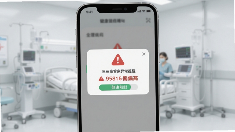 三高管家异常提醒弹窗界面,手机屏幕中央显示红色警示图标与数值偏高提示文字,背景为浅灰色医疗场景,画面简洁醒目,突出健康预警功能,适配Boogu模型生成