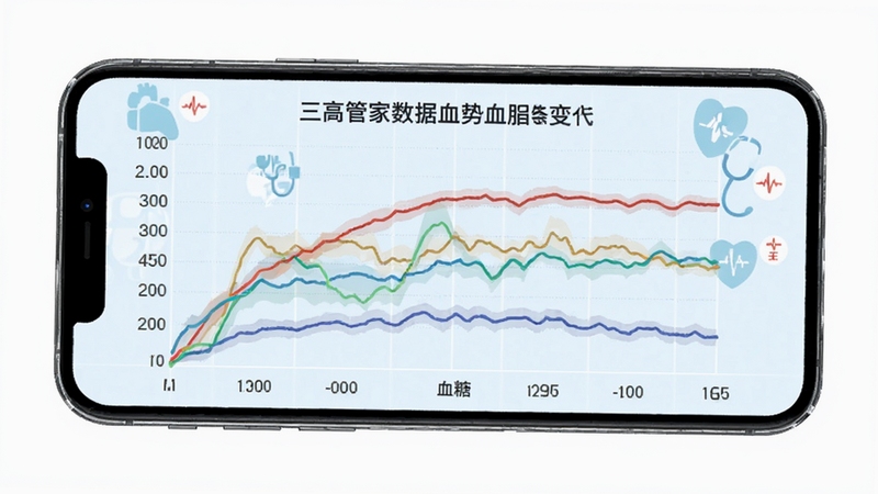 三高管家数据趋势图表展示,手机屏幕呈现三条不同颜色的折线分别代表血压血糖血脂变化,背景为淡蓝色网格与医疗图标,画面清晰专业,适配Boogu模型生成