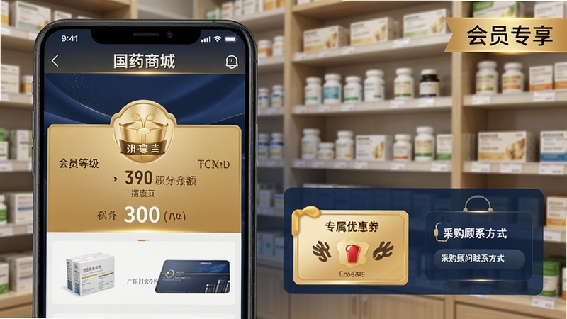������ֹ�ҩ�̳�APP�Ļ�Ա����ҳ�棬�����Խ�ɫ������ɫΪ��ɫ����չʾ��Ա�ȼ���������ר���Ż�ȯ�Ͳɹ�������ϵ��ʽ���������黯��ҩ�����ܣ������ϰڷ��������ҩƷ���������Ͻ��С���Աר������ǩ�������Χ���רҵ��ͻ����ԱȨ��ļ�ֵ�С�