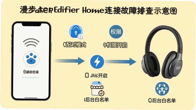 ������Edifier Home���ӹ����Ų�ʾ��ͼ������չʾ�ֻ��Ͷ���֮��������������̣���ע�����ģʽ��Ȩ�޿�������̨�������ȹؼ����裬������Ϣͼ�����ͼ��ͼ�ͷָʾ������Ϊǳ��ɫ������Booguģ������
