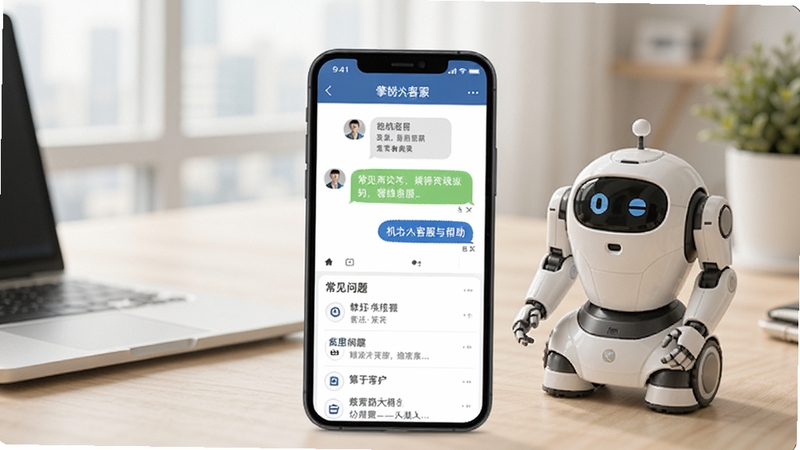 ���ʻ����˿ͷ������ҳ�棬�ֻ���Ļ��ʾ���߿ͷ��Ի����볣�������б�������Ϊ�����İ칫�����Ա߷���һ̨С�ͻ�����ģ�ͣ������Χ����רҵ
