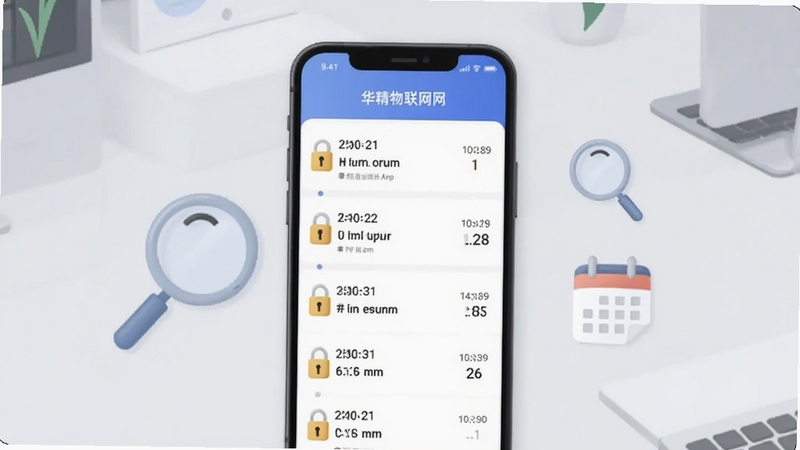 华精物联网App的开锁记录列表页面截图风格插画,手机屏幕显示多条按时间排列的开锁记录,旁边有放大镜和日历图标,背景为浅灰色简约办公桌面,体现数据查询与追溯功能