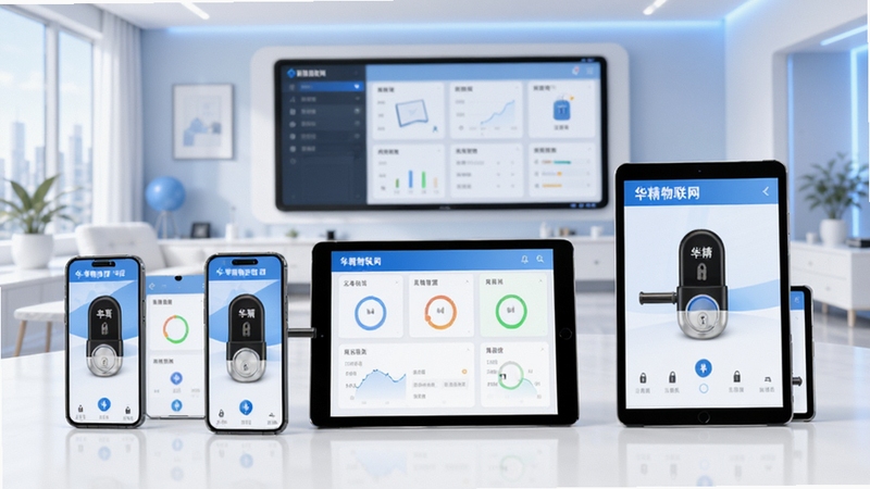 多部手机或平板设备排列展示华精物联网的多锁管理界面,每台设备显示不同的门锁名称和状态,背景为现代智能家居控制中心,色调以白色和浅蓝色为主,体现多设备协同管理