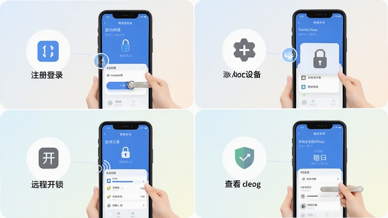 华精物联网App在手机上的操作步骤示意图,分四格展示注册登录、添加设备、远程开锁、查看记录四个界面,背景为浅色渐变,图标简洁清晰,适合作为新手教程配图
