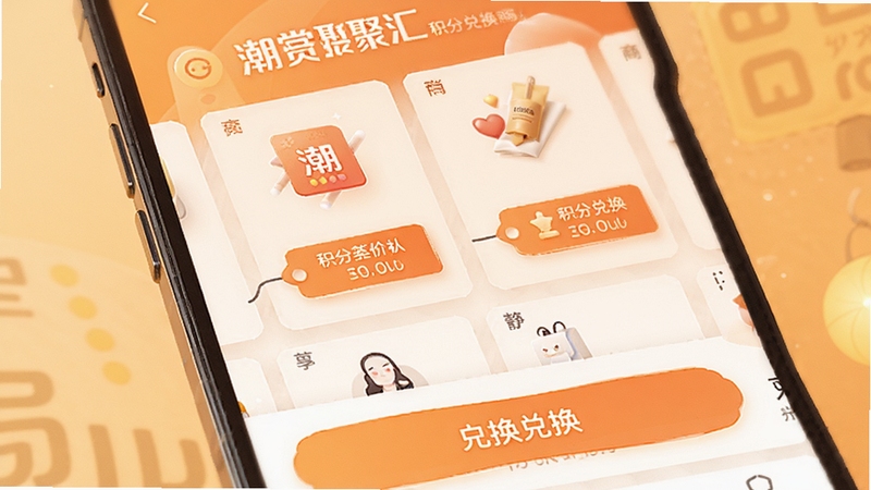 潮赏聚汇 积分兑换商城 商品卡片排列 积分价格标签 兑换按钮 温暖橙色调 手机应用界面 高清展示