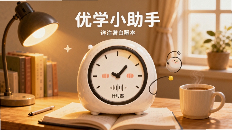 优学小助手 专注模式 计时器 白噪音 学习场景 温暖色调 插画风格 居中构图