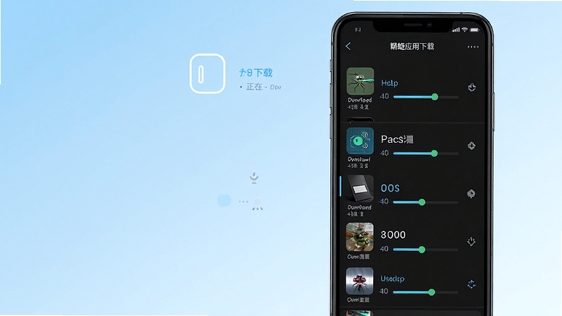 蜻蜓应用下载管理界面,展示正在下载与已完成的音频列表,进度条清晰可见,手机呈竖屏摆放,背景为淡蓝色渐变
