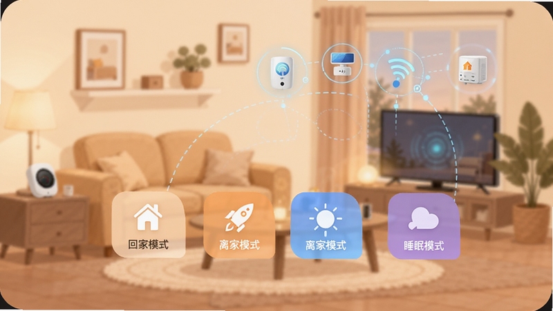 展示家超APP的场景设置页面,画面中有回家模式、离家模式、睡眠模式等图标按钮,背景是温馨家庭环境与智能设备联动示意,采用扁平化插画风格,色调柔和,体现自动化联动的科技感与生活温度