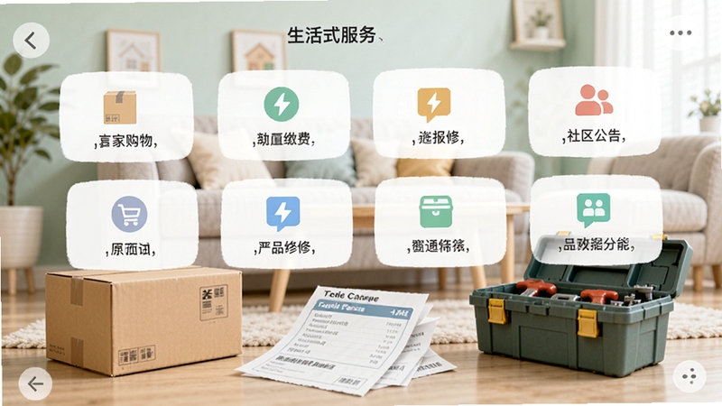 家超APP的生活服务页面截图,展示购物、缴费、报修、社区公告等功能入口,画面以家庭场景为背景,有快递包裹、缴费账单、工具箱等元素,采用清新浅色风格,突出生活服务的一站式整合