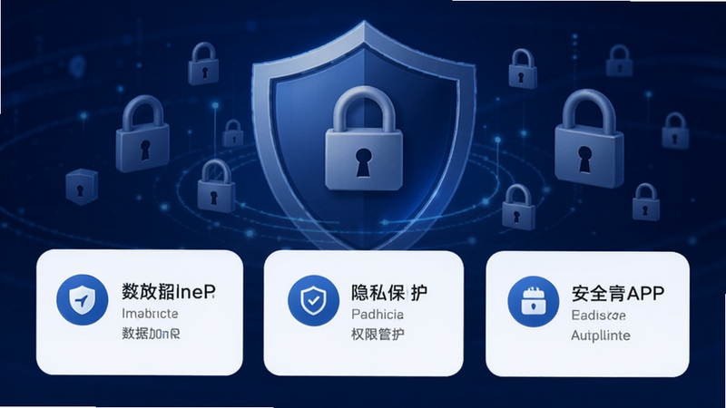 家超APP的安全中心界面,展示数据加密、隐私保护、权限管理等安全功能图标,背景有盾牌和锁形元素,采用深蓝色调,突出安全可靠的专业形象