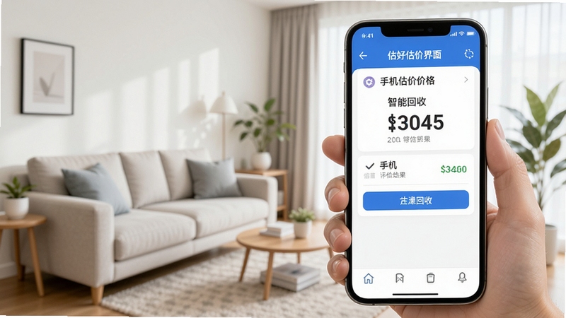 估好价软件内智能估价界面展示,手机屏幕中显示旧手机回收价格评估结果,背景为整洁的家居环境,画面明亮清晰,突出估价功能