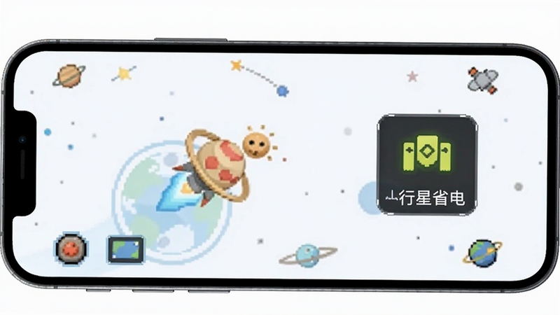 小行星游戏在手机屏幕上流畅运行,旁边显示低内存占用图标,背景是简洁的太空主题,突出轻量省电特点