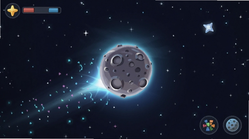 小行星游戏界面中一颗发光的小行星在深空背景中穿梭,周围有星光和能量粒子,画面简约清新,适合休闲游戏宣传图