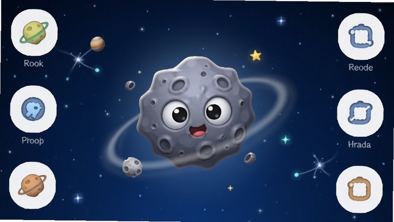 小行星应用主界面展示,画面中央是一颗缓缓旋转的卡通小行星,周围环绕着简洁的功能图标,背景是深蓝色星空,柔和光晕点缀,整体风格清新明快,适合作为软件预览图