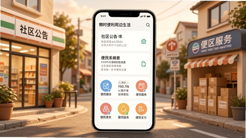 懒时便利周边生活信息聚合页面,画面中心为手机屏幕展示社区公告列表和便民服务图标,背景为温馨的社区街道场景,有便利店、快递驿站等建筑元素,整体色调温暖柔和