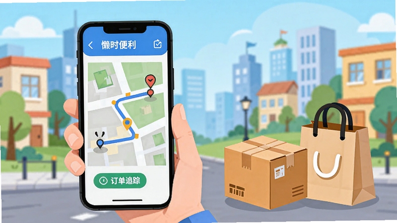 懒时便利跑腿服务功能展示图,画面以城市社区为背景,前景为手持手机显示懒时便利订单追踪界面,地图上有一条规划路线连接起点和终点,旁边有快递包裹和购物袋的卡通元素,风格扁平化,色彩明快