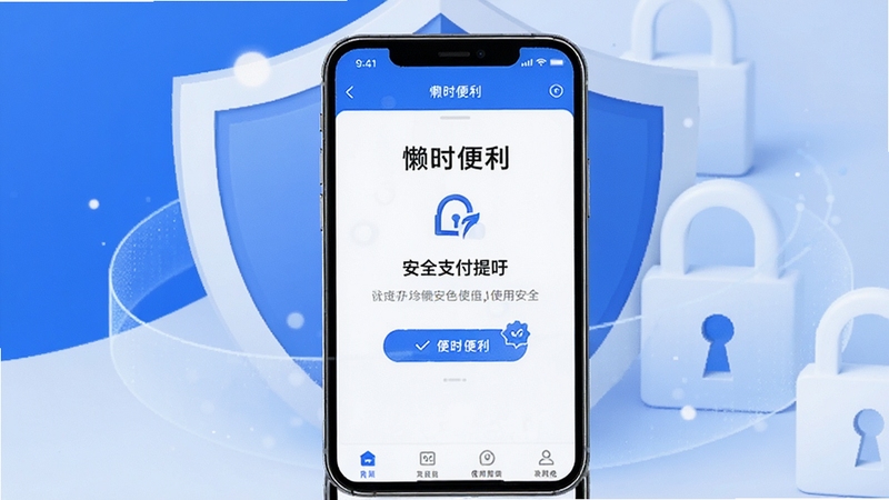 懒时便利安全使用场景示意图,画面展示手机屏幕显示懒时便利应用内的安全支付提示页面,背景为盾牌和锁的抽象图形,色调以蓝色和白色为主,传递安全可靠的感觉