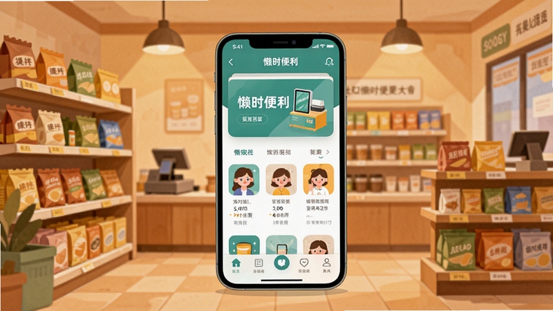 懒时便利软件主界面全貌展示,画面中央为手机屏幕显示懒时便利应用首页,背景为温馨的社区便利店场景,货架整齐,暖色调灯光,扁平化插画风格,细节清晰,适合Boogu模型生成