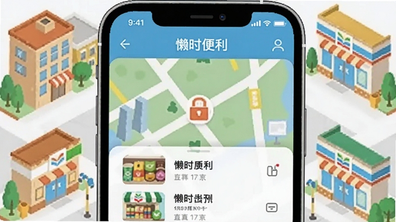 懒时便利附近店铺推荐界面,手机屏幕显示地图与店铺列表,周围环绕社区建筑和便利店图标,色彩明快,扁平插画风格,突出懒时便利软件名称