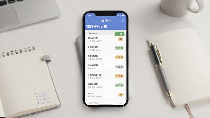 懒时便利订单管理页面,手机显示订单列表与状态标签,背景为简约办公桌面,有记事本和笔,风格素雅,突出懒时便利软件界面