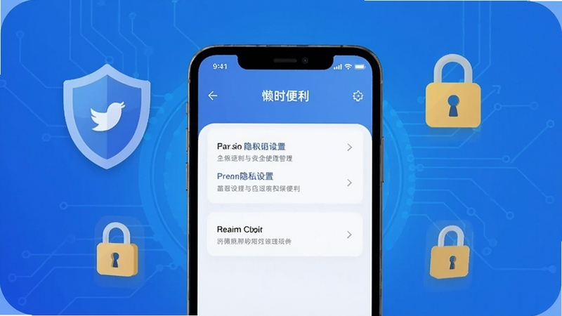 懒时便利安全使用场景,手机屏幕显示隐私设置与权限管理界面,周围有盾牌和锁的图标,背景为蓝色科技感渐变,扁平化风格,突出懒时便利软件名称