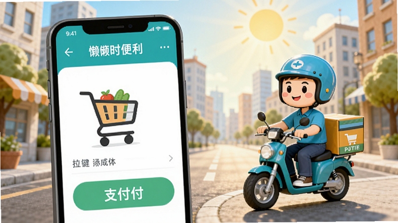 懒时便利一键下单流程展示,手机界面显示购物车与支付按钮,旁边有配送员骑行配送的卡通形象,城市街道背景,阳光明媚,风格清新
